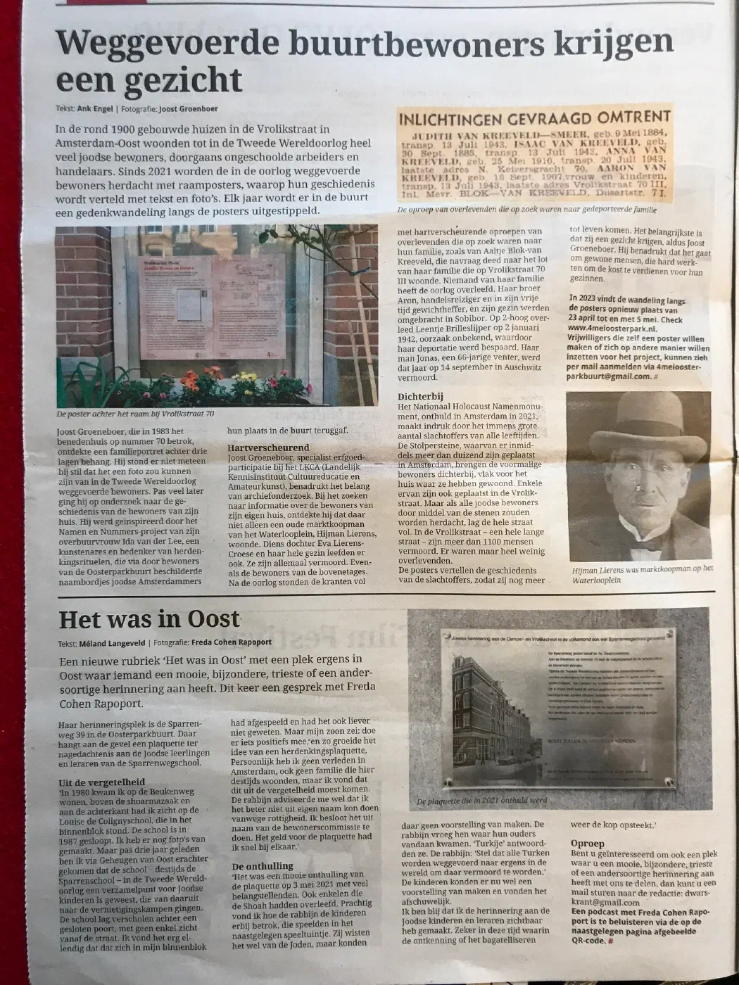Krantenpagina in Dwars door de buurt met artikel Weggevoerde buurtbewoners krijgen een gezicht