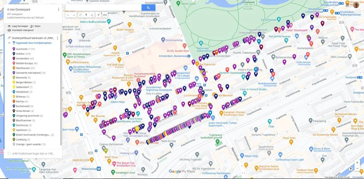 Google-kaart van de Oosterparkbuurt met gekleurde spelden per plaats van overlijden