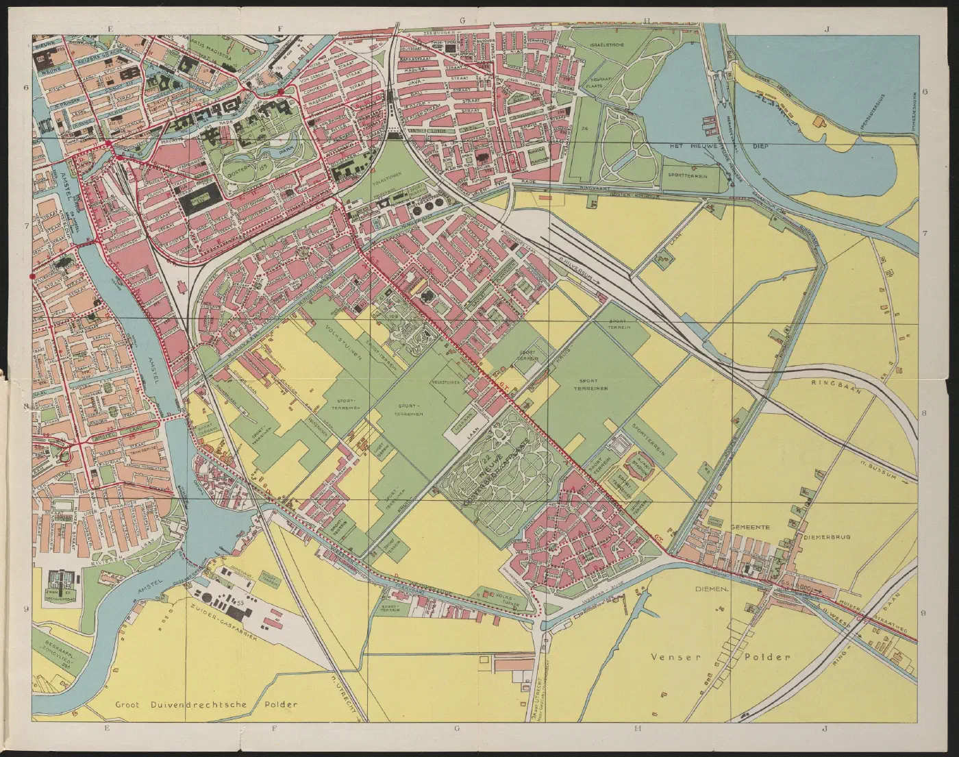 Kaart van Amsterdam Oost in een toeristengids uit 1936. Gemaakt door A. de Moor en uitgegeven door Van Holkema en Warendorf. Bron: Stadsarchief Amsterdam.