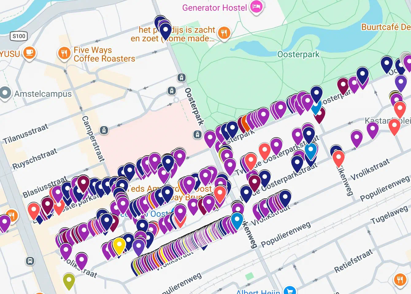 Kaart met de adressen van de Joodse slachtoffers in de Oosterparkbuurt